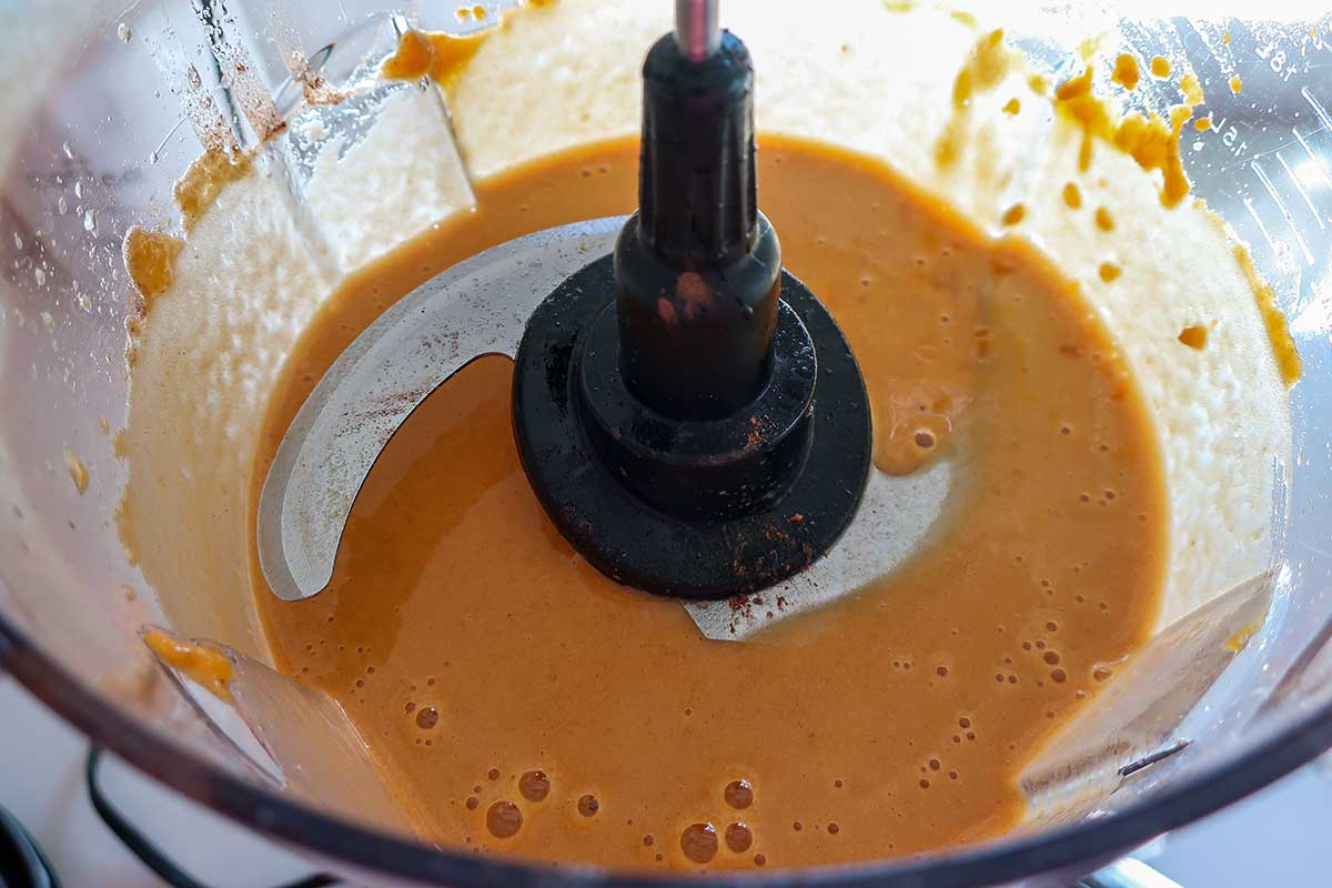 smooth banana pumpkin mixture after processing in a food processor