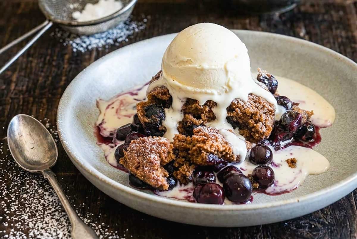 Grain-Free Blueberry Cobbler with Almond Flour Topping topped with vanilla ice cream