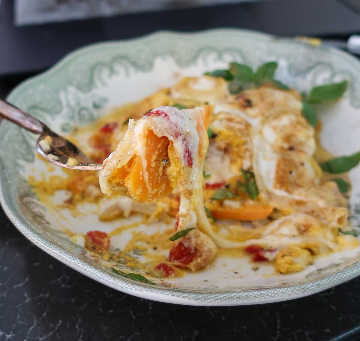 Slice of vegetarian Grain-Free & Gluten-free Sweet Potato Lasagna with Creamy Pumpkin Ricotta